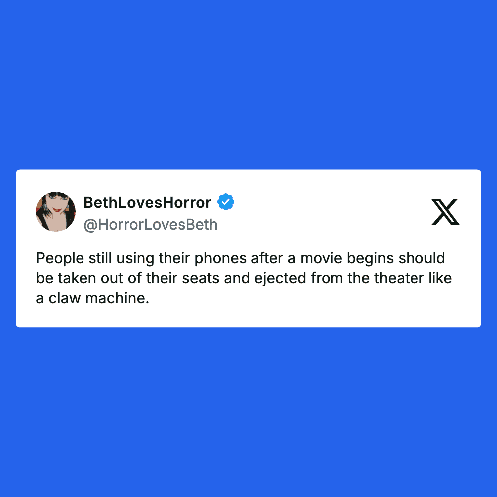 Funny meme image from Pleated Jeans showing a humorous quote about movie theater behavior.
