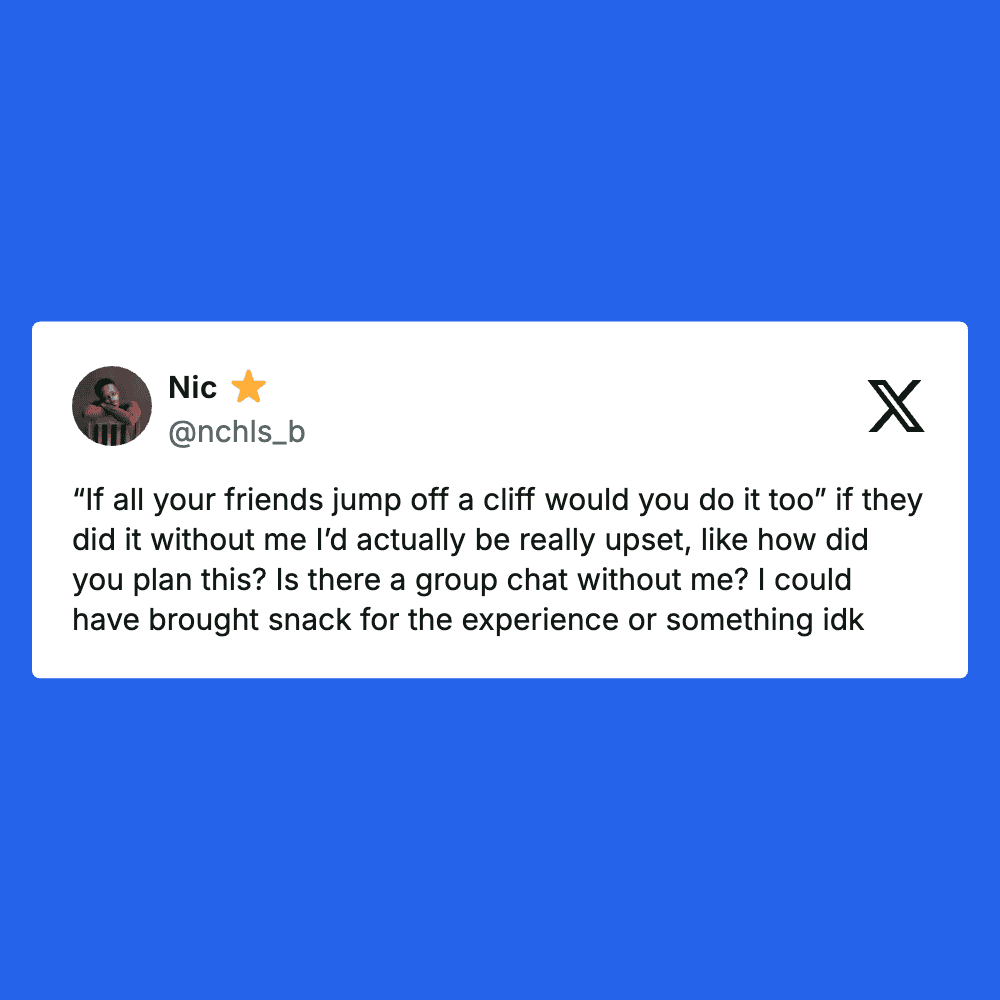 Humorous meme image from Pleated Jeans featuring a funny quote about friends and jumping off cliffs.