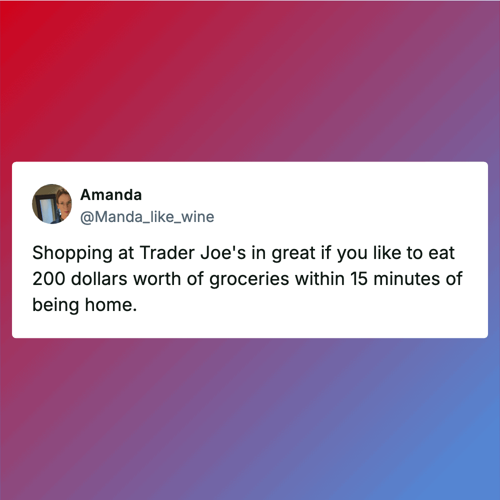 Shopper at Trader Joe's with shopping cart filled with groceries.