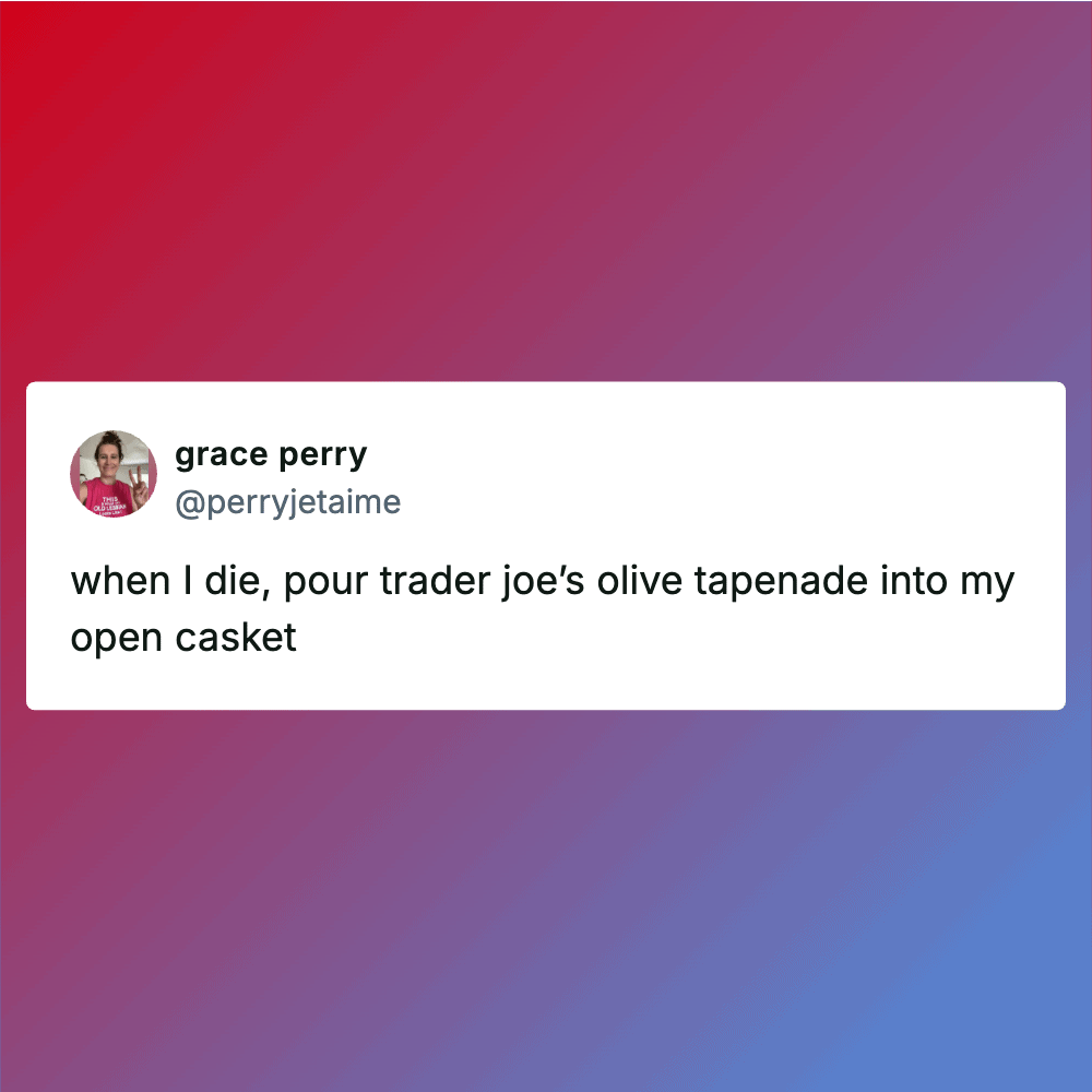 Olive tapenade from Trader Joe's displayed in an open casket, humorously highlighting the product's.