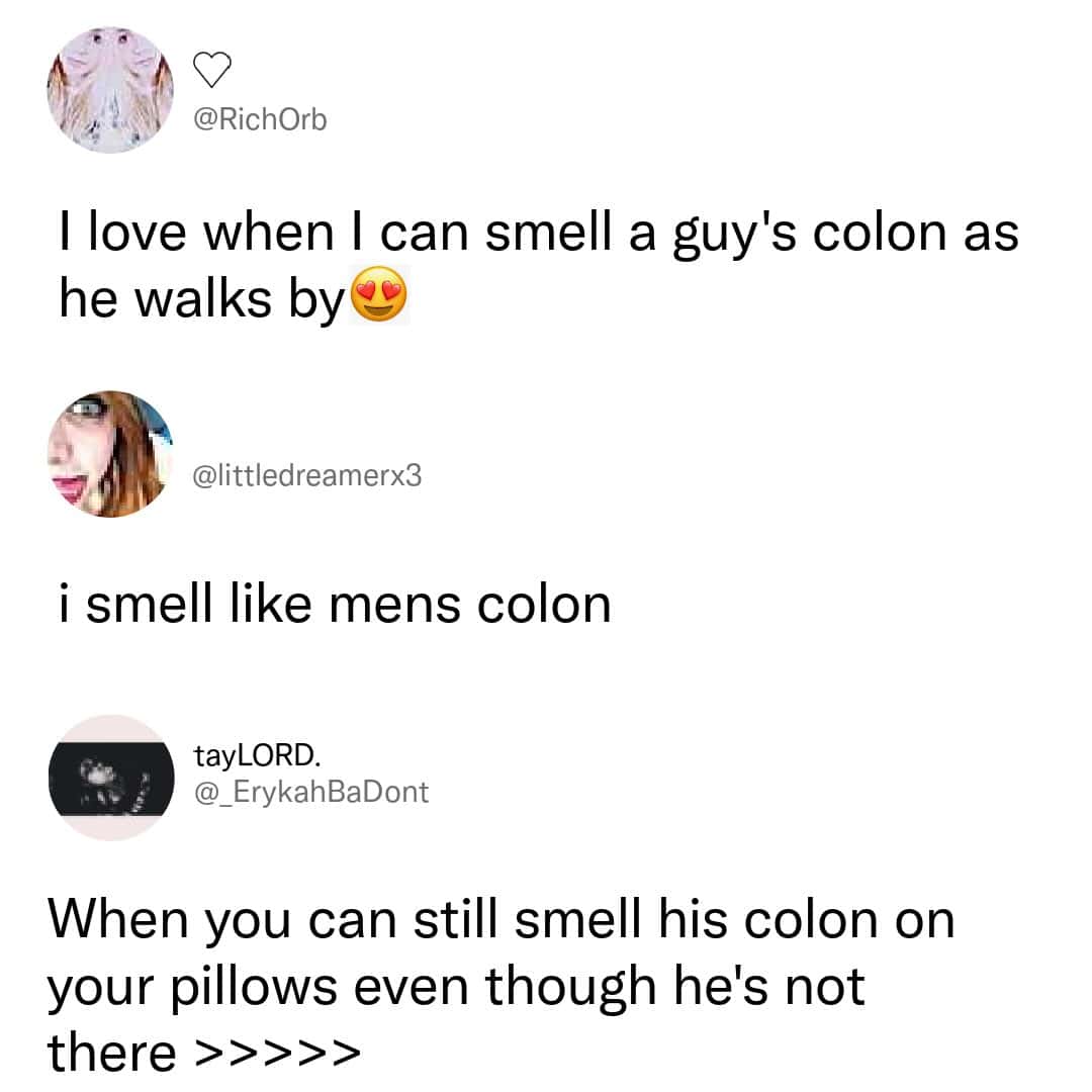 Funny meme about smelling a guy’s colon and humor about pillow scents.