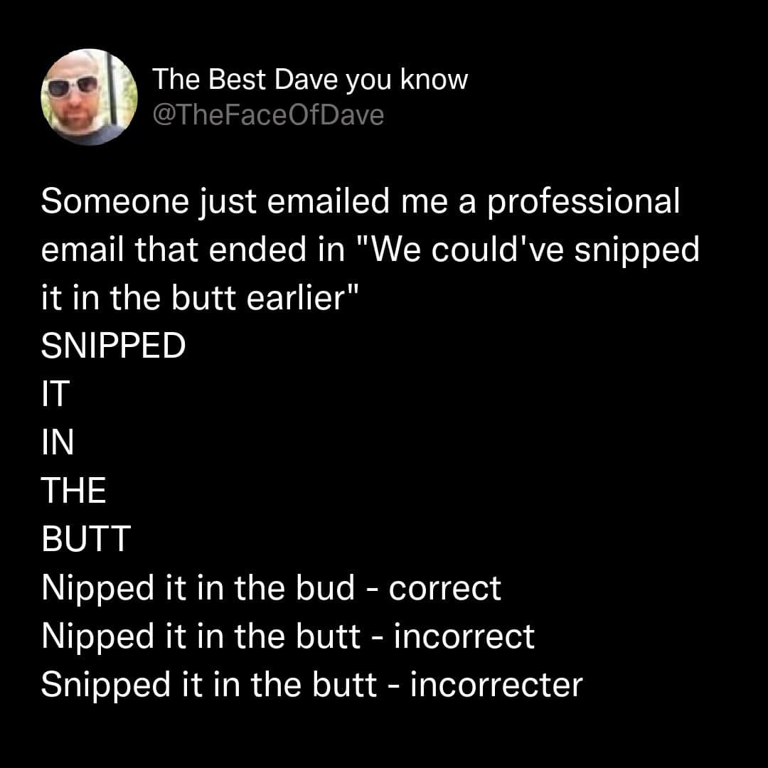 Funny image from Pleated Jeans featuring a humorous email typo about "snipped" vs. "nipped" in the b.