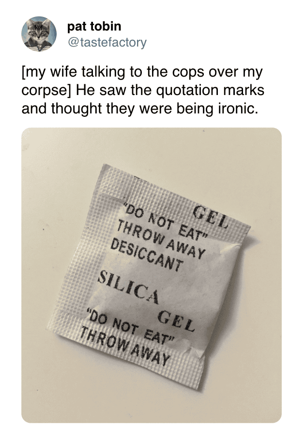 Silica gel packet with warning labels "Do Not Eat" and "Throw Away" for moisture absorption.