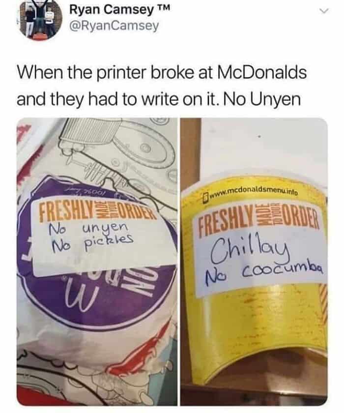 Handwritten notes on fast food bags and cup at McDonald's, highlighting humorous customer comments.