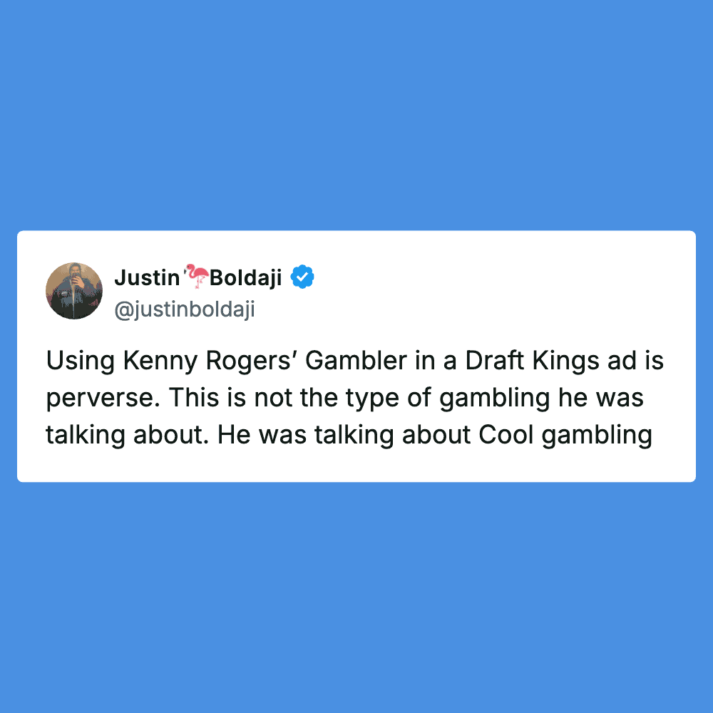 Humorous tweet about Kenny Rogers' Gambler ad and gambling perceptions.