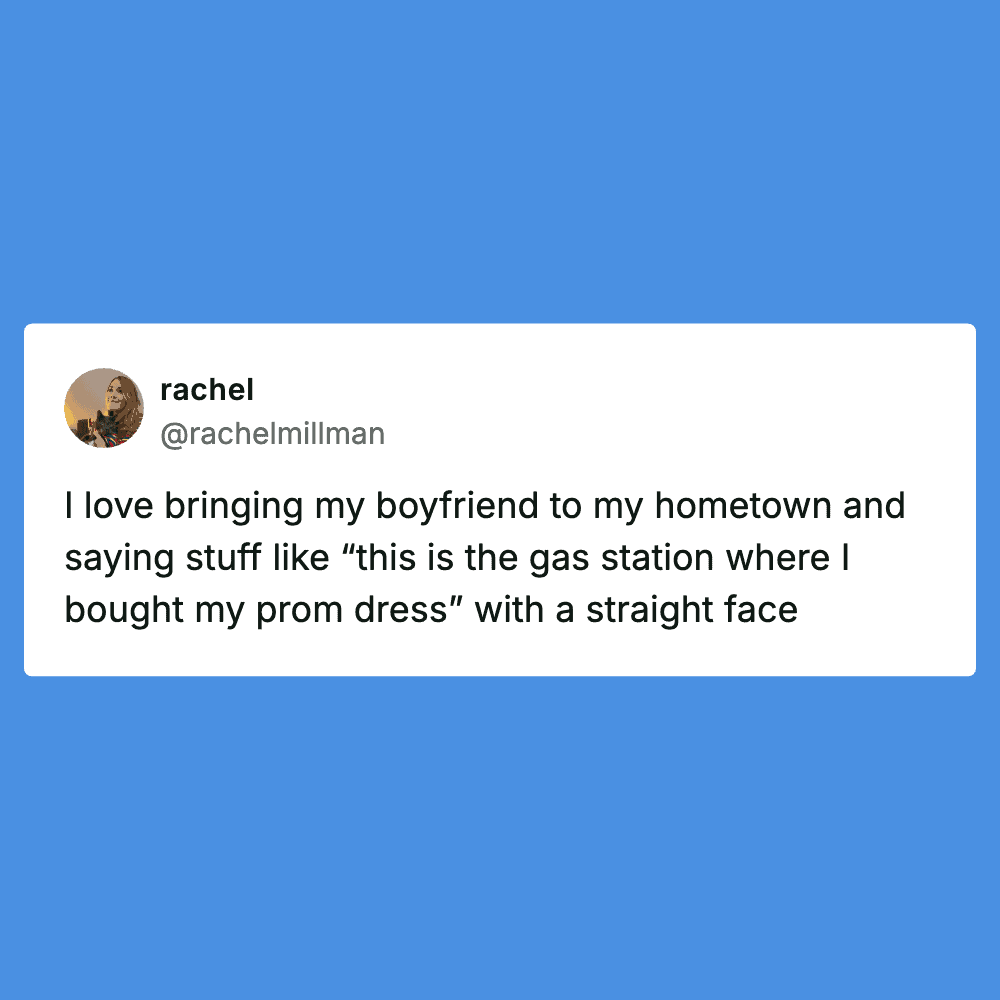 Humorous tweet about bringing boyfriend to hometown and gas station prom dress.
