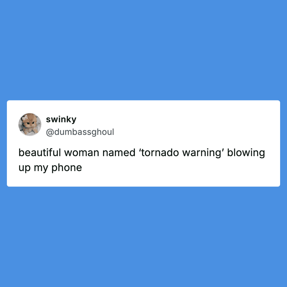 Woman humorously blowing up her phone during a tornado warning.
