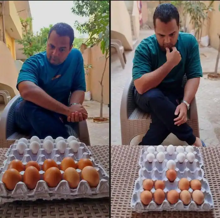 Man contemplating eggs on table outdoors, two images side by side.