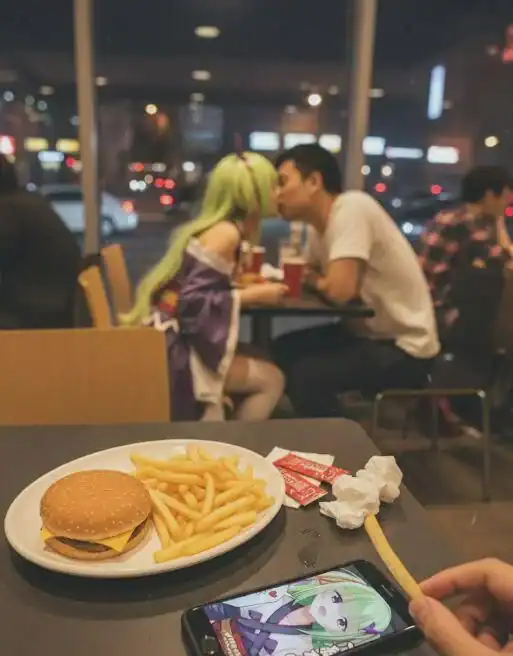 Burger and fries on a plate at a restaurant, with a couple kissing in the background.