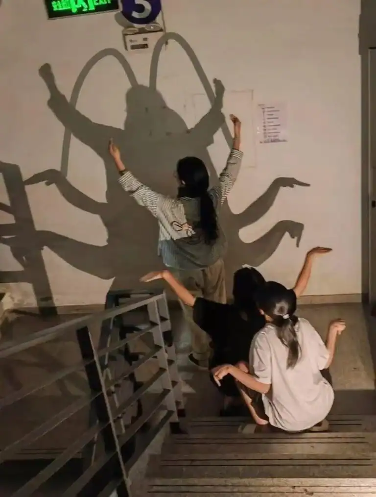 Girl with long hair and striped shirt touching a large shadow of a spider on the wall.