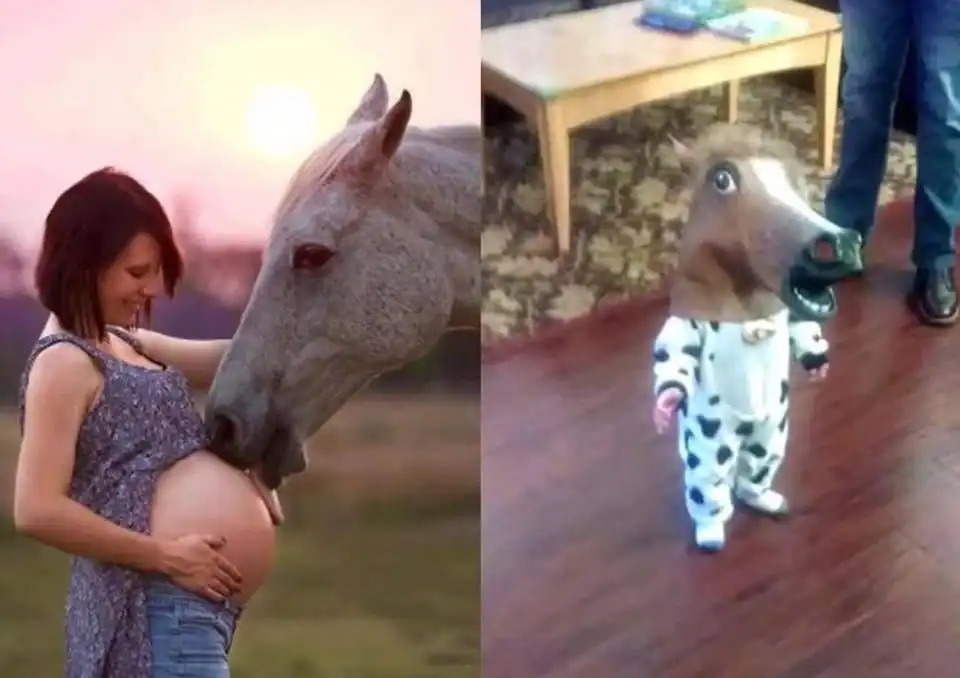 A woman with a horse's head and a person with a dog's head in pajamas.
