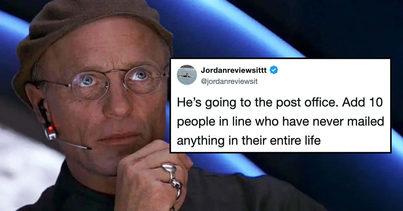 Funny meme of a man with glasses and a headset, referencing long post office lines.
