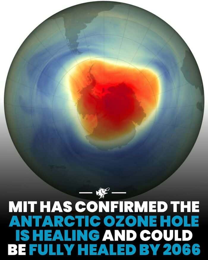 Antarctic ozone hole healing with melting ice, climate change, and environmental recovery.