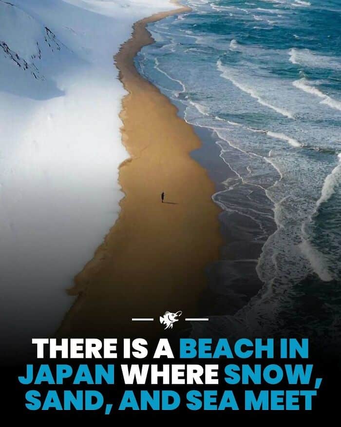 Beach in Japan where snow, sand, and sea meet, creating a stunning natural landscape. Perfect for tr.