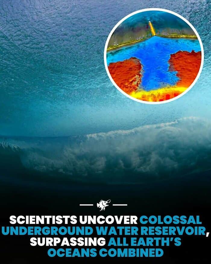 Cross-section of a colorful underground water reservoir beneath the ocean floor.