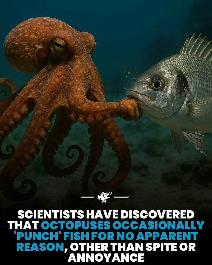 Octopus and fish touching underwater, highlighting marine animal interaction.