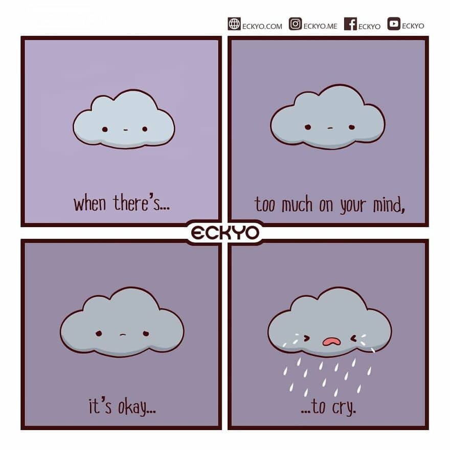 Cute cloud cartoon expressing feelings of stress and sadness with rain, highlighting emotional strug.