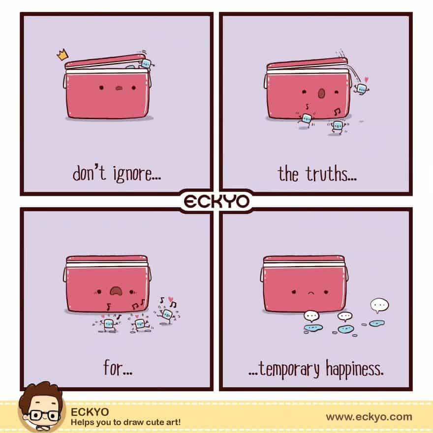 Wallet cartoon with face and coins, highlighting themes of honesty, truth, and temporary happiness i.