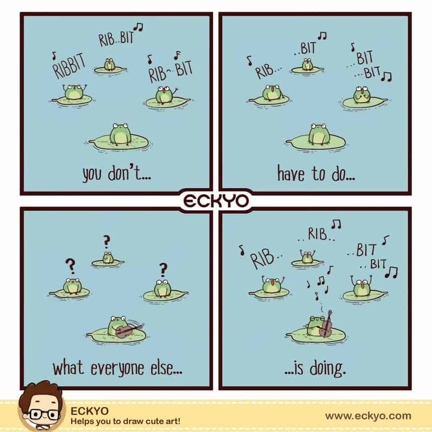 Adorable frog cartoon playing music and ribbiting on a lily pad.