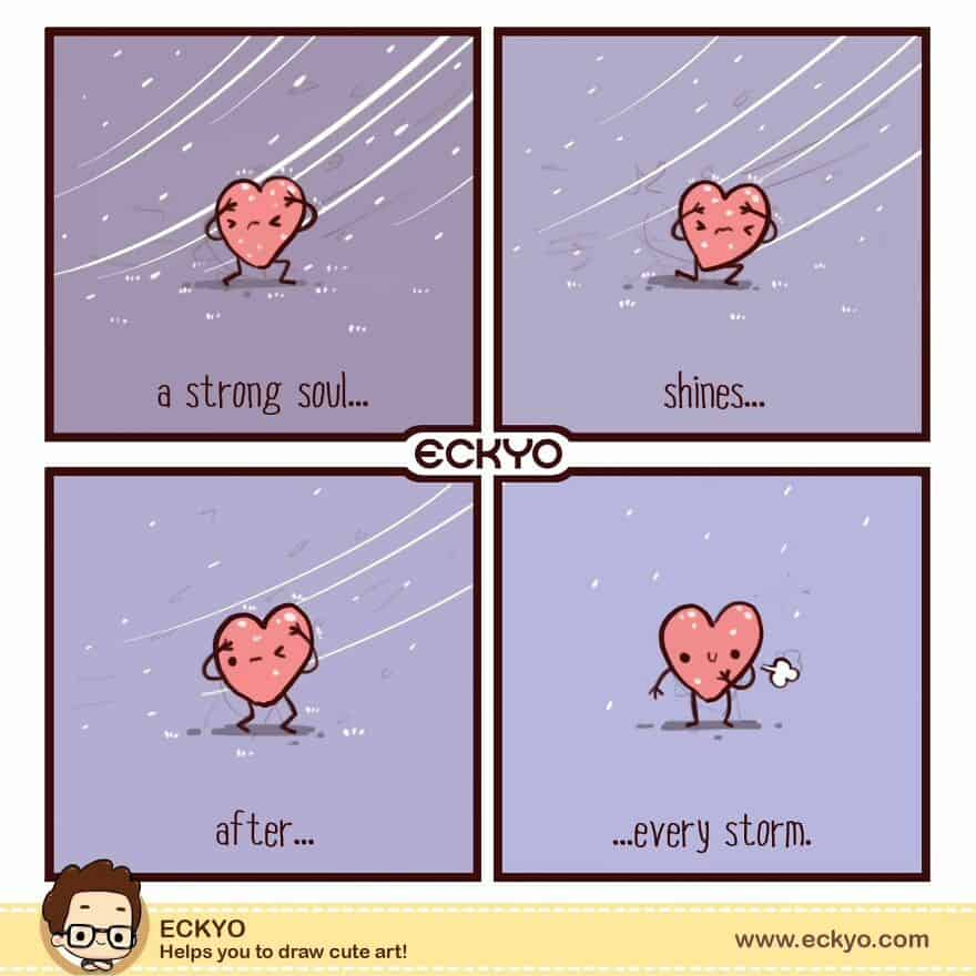 Cute heart character standing in a storm, symbolizing resilience and hope during tough times.
