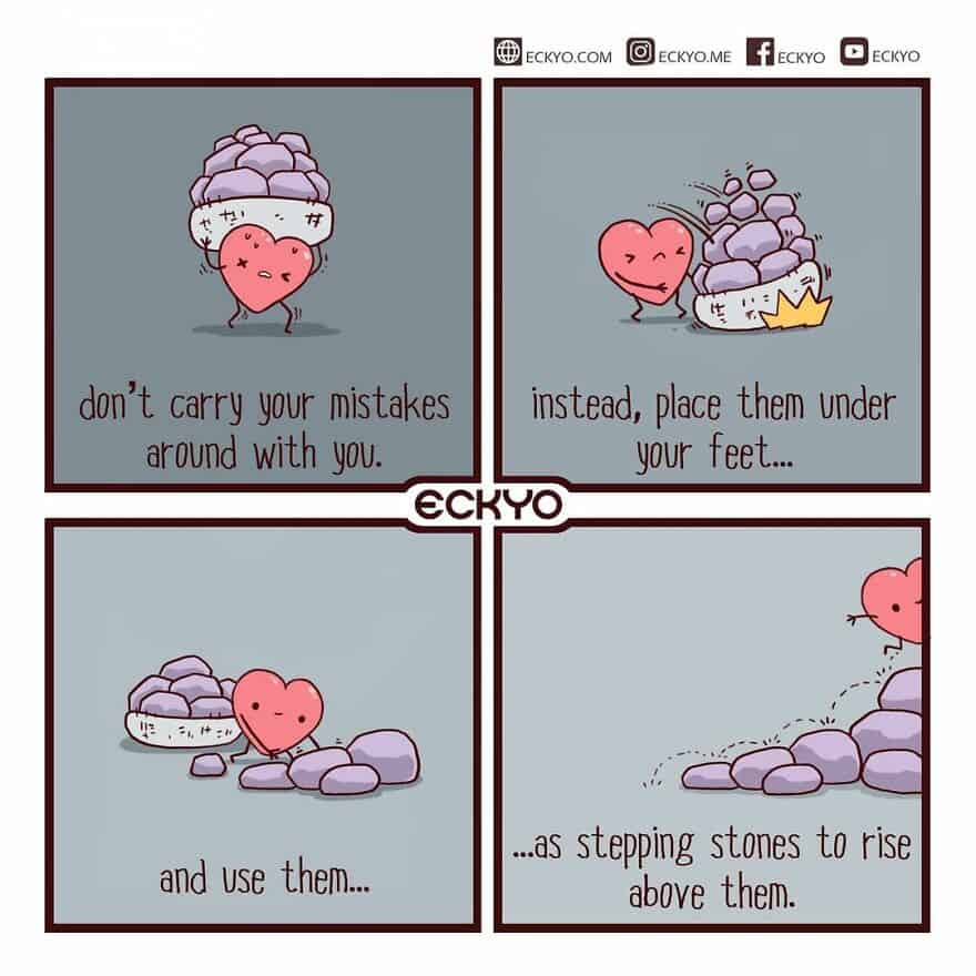 Cartoon of a heart and stones with advice on handling mistakes and stepping stones.