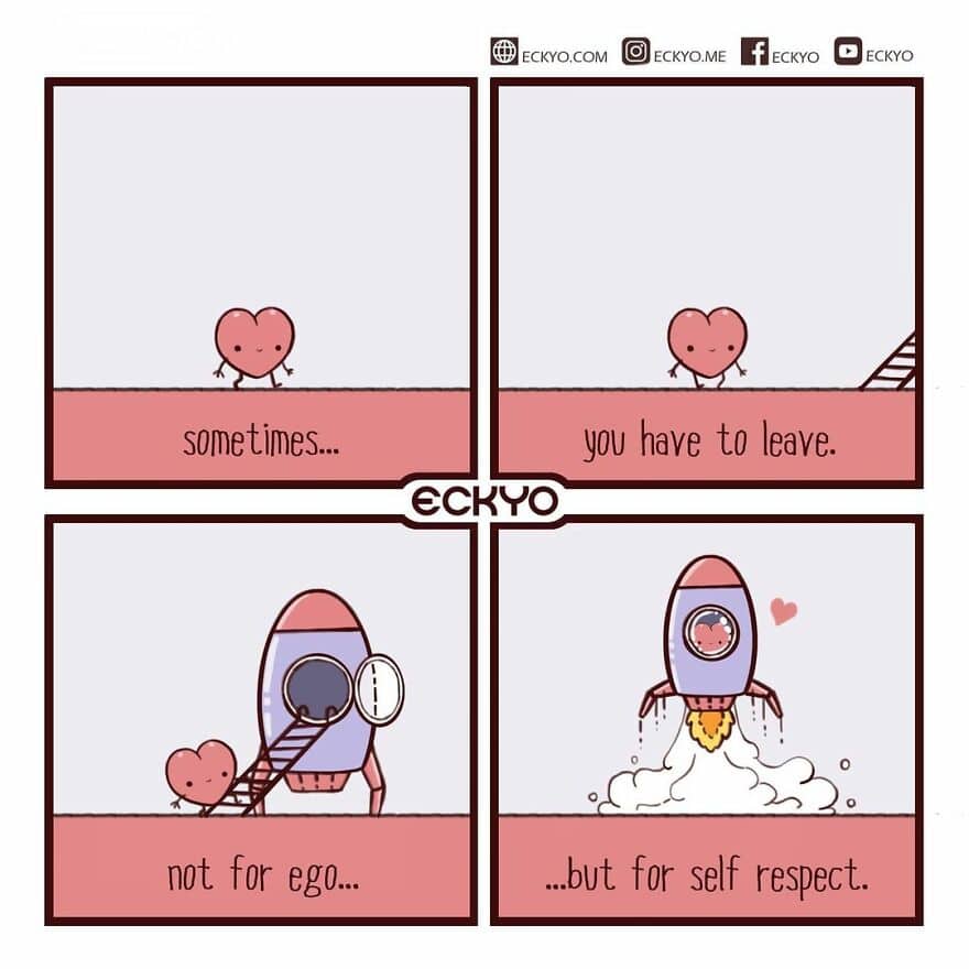 Cute heart character with motivational message about self-respect and humility.