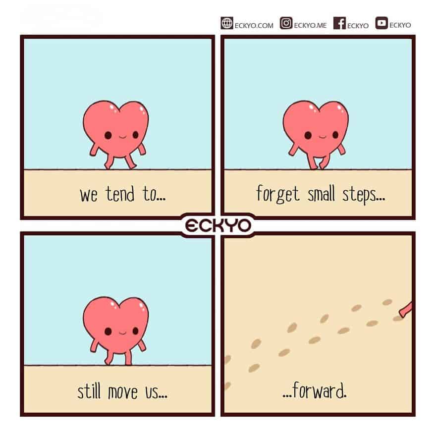 Cute heart character comic illustrating the importance of small steps and persistence in progress.