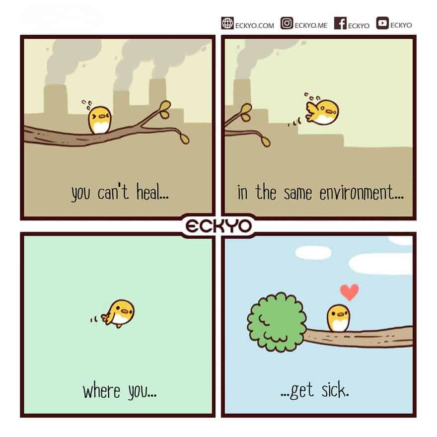Cartoon bird on a branch illustrating healing and sickness in a toxic environment.