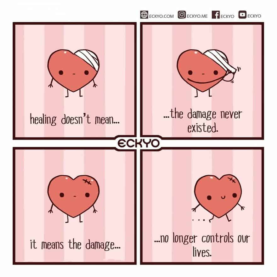 Cute cartoon heart with bandage and stitches, conveying emotional healing and resilience.