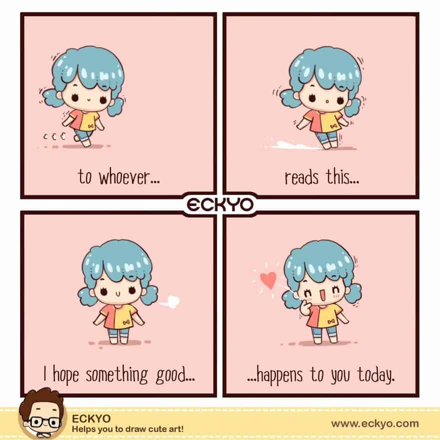 Adorable cartoon girl with blue hair and yellow shirt, spreading love and good wishes.