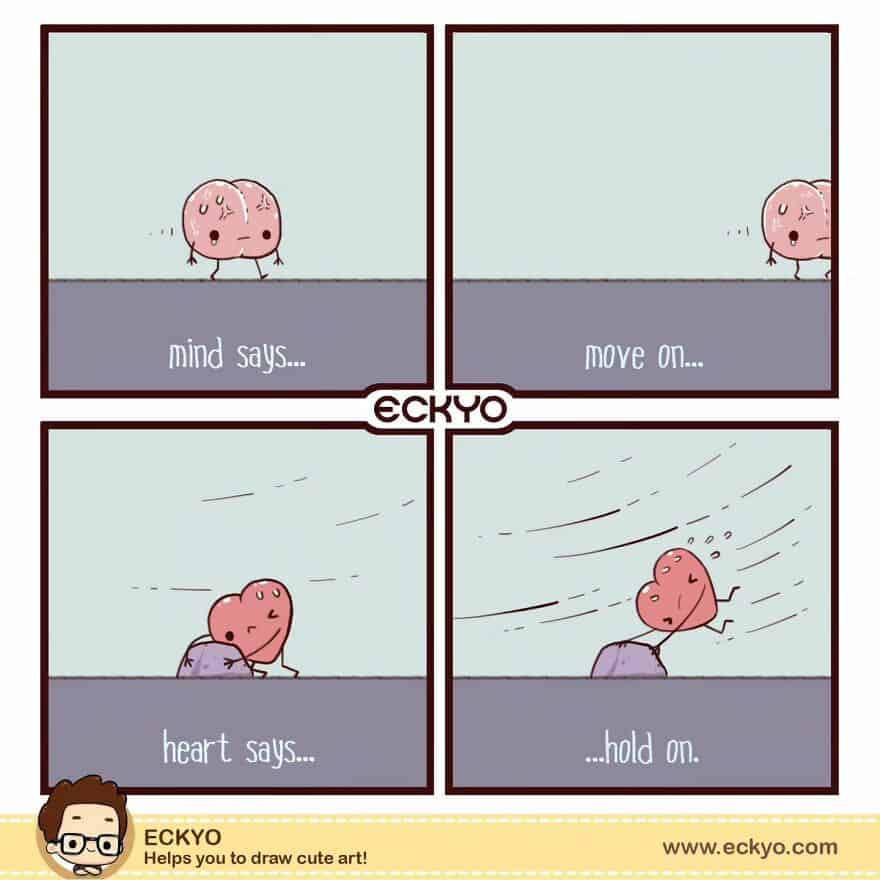 Cute cartoon brain with motivational quotes about thinking and moving on.
