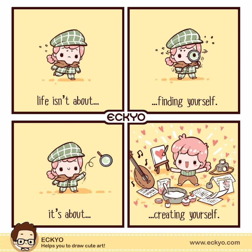 Cute cartoon girl exploring self-discovery with hobbies and creative activities.