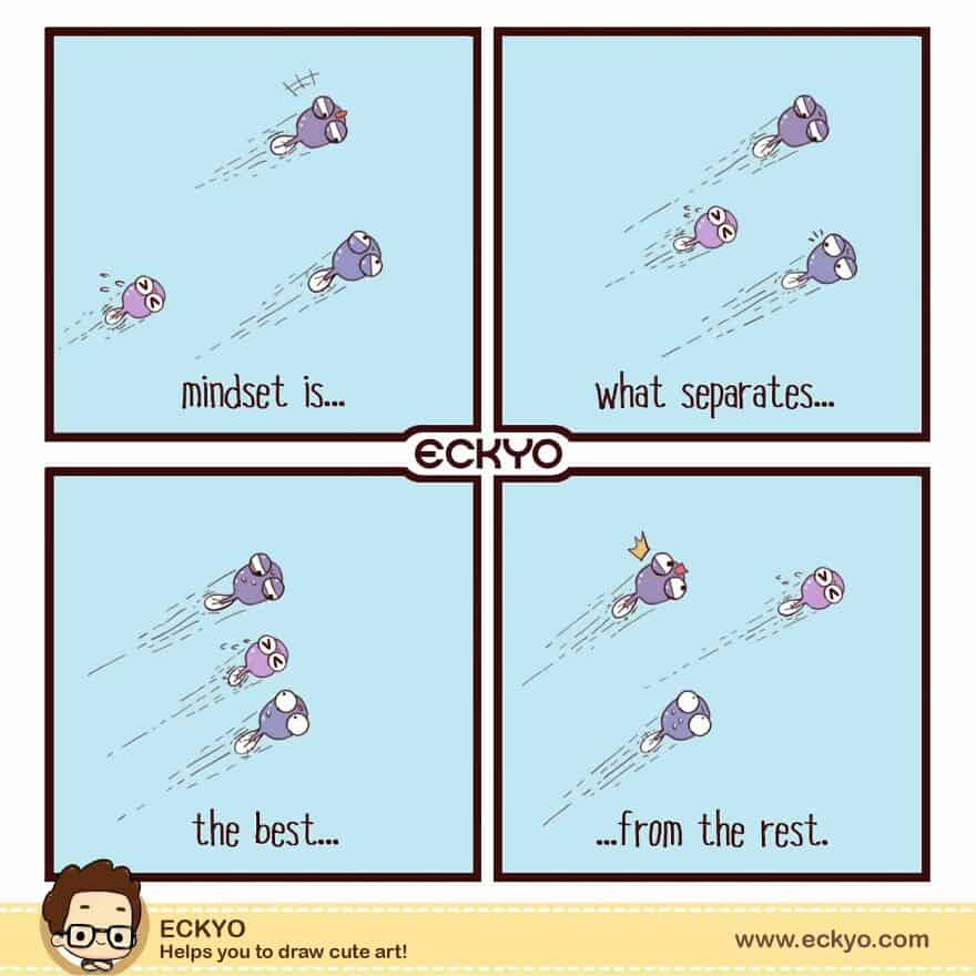 Cute cartoon of mice racing with motivational quote about mindset and success.