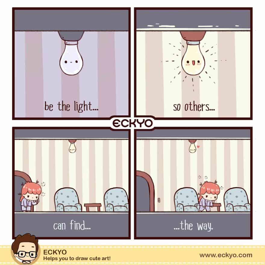 Cartoon light bulb with inspirational message about being a light for others.