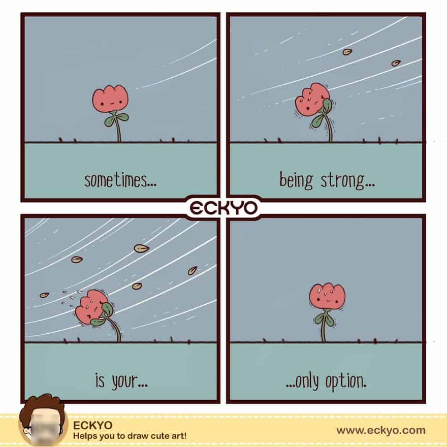 Cute comic strip showing a flower enduring wind and rain, symbolizing strength and resilience.