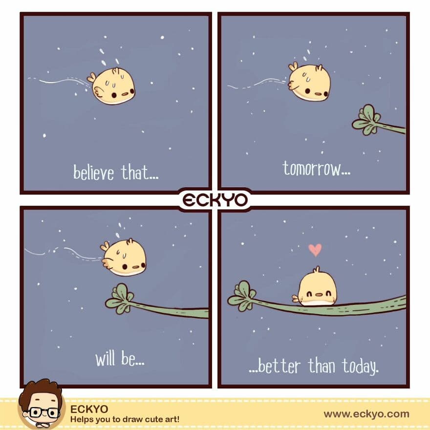 Adorable cartoon cat hanging from a branch with motivational message.