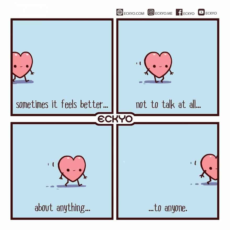 Heart cartoon about feelings and talking, featuring a cute pink heart character with expressive text.