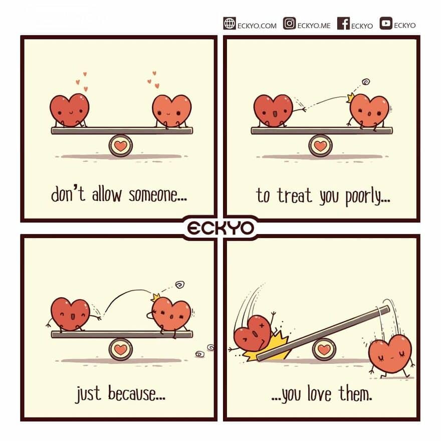 Cute cartoon hearts on a seesaw showing love and care, with humorous message about treating loved on.