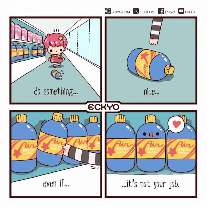 "Encouraging responsible behavior with water bottles in a playful cartoon style.".