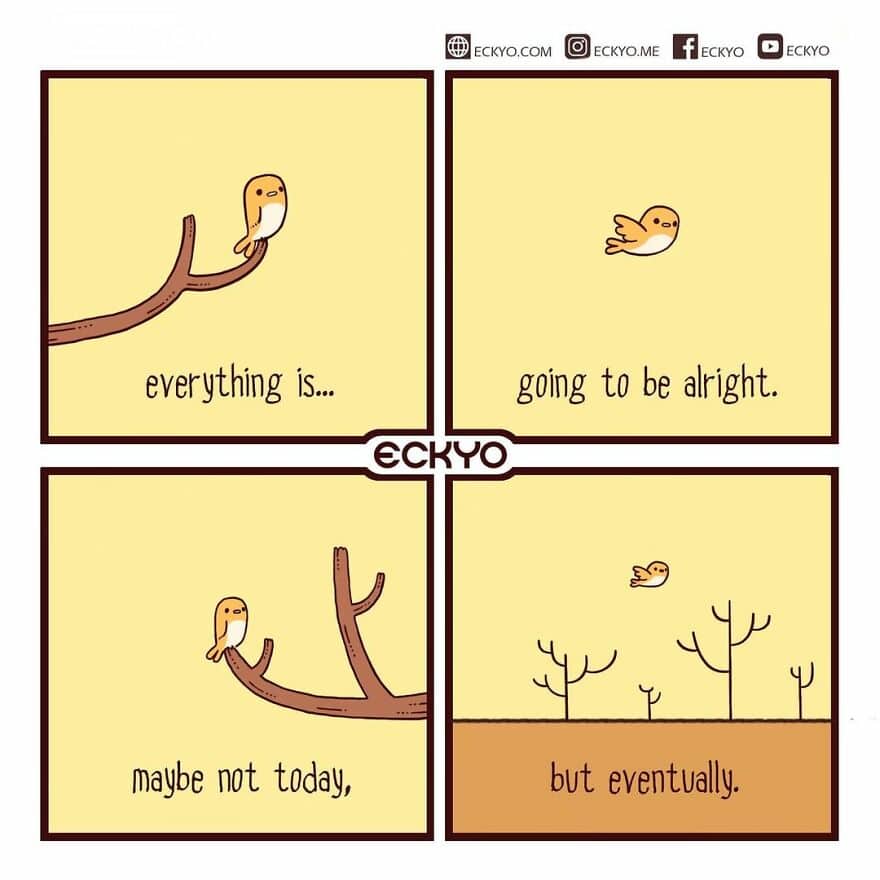 Cute cartoon bird on a branch with uplifting message about hope and patience.