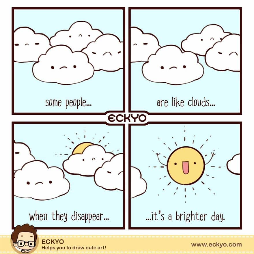 Cute cartoon clouds and sun with cheerful expressions, bright day scene.