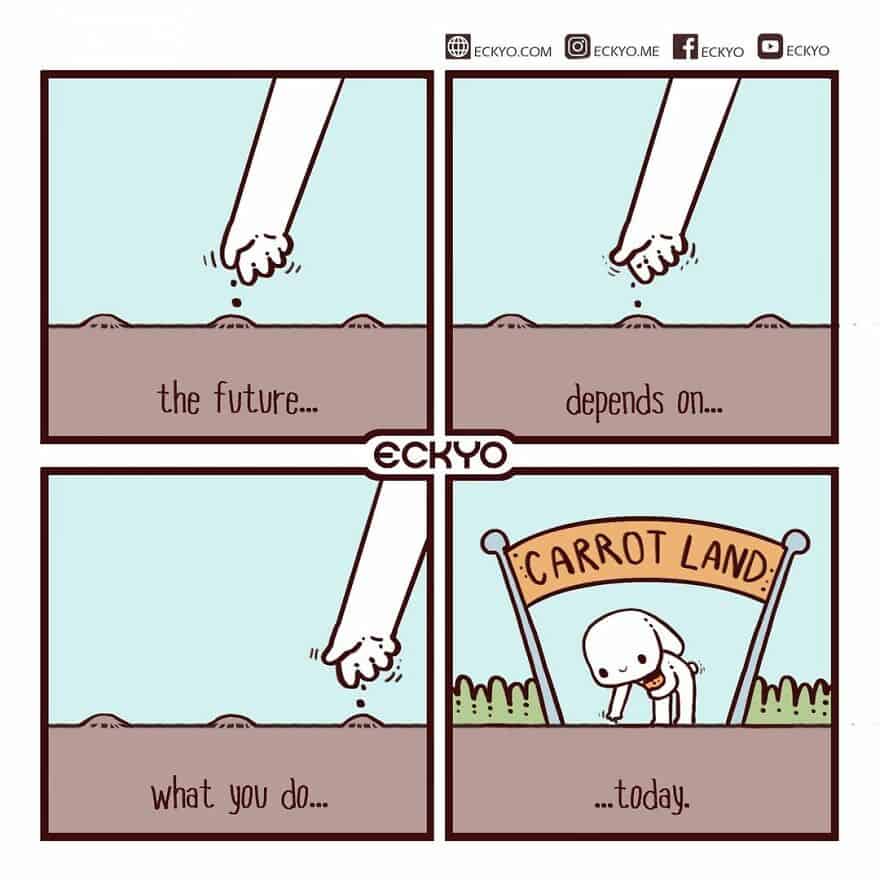 Cartoon of a hand planting a seed with the caption "the future depends on what you do today".