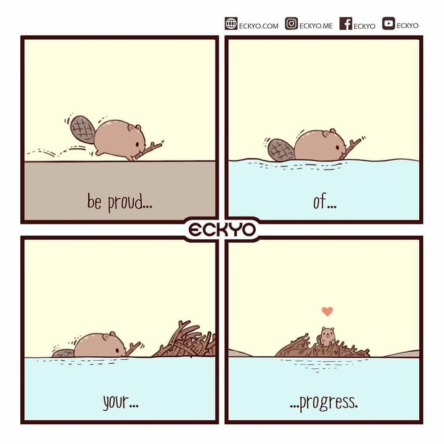Cute squirrel swimming and crossing water with the message "be proud of your progress".