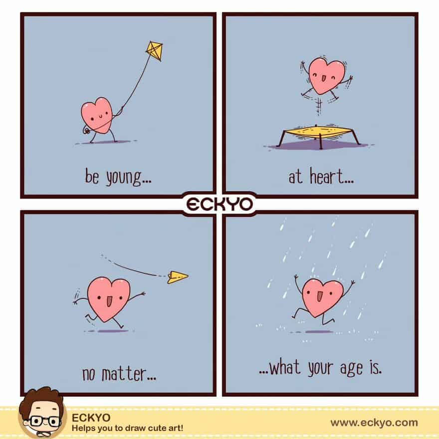 Heart character flying a kite, jumping on a trampoline, and enjoying rainy weather.