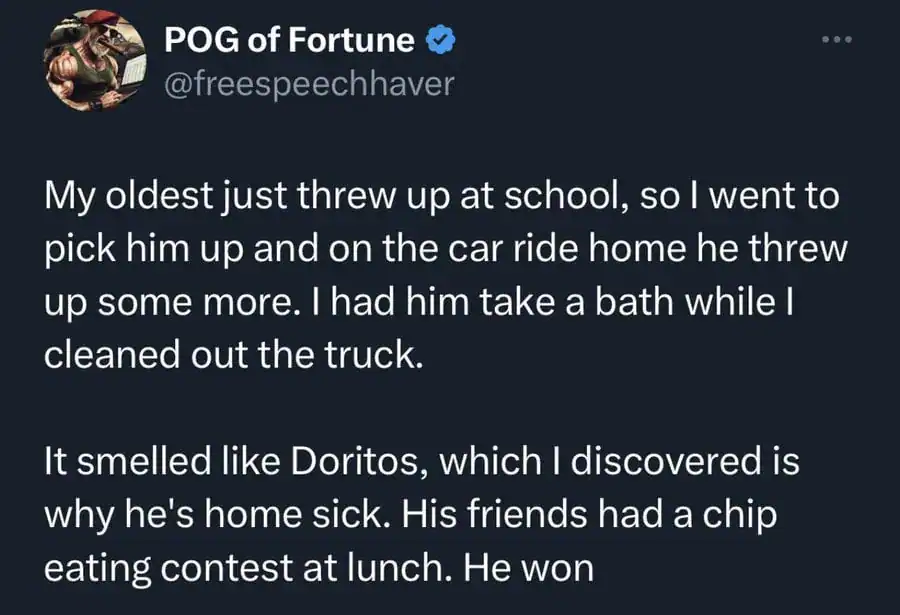 Child vomiting at school after eating Doritos, with a truck in the background.