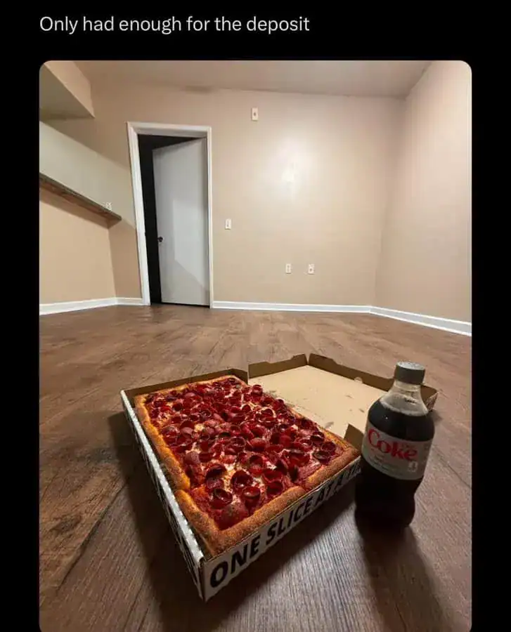 Pizza box with pepperoni and sausage, and a bottle of Diet Coke on a wooden floor.