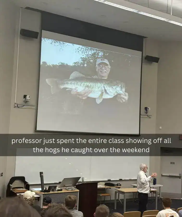 Classroom presentation of fishing catch by professor.