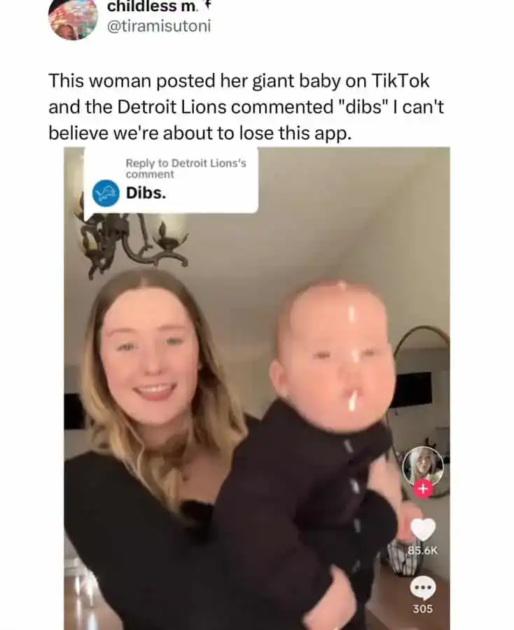 Humorous TikTok meme of a giant baby with a woman, shared on social media.