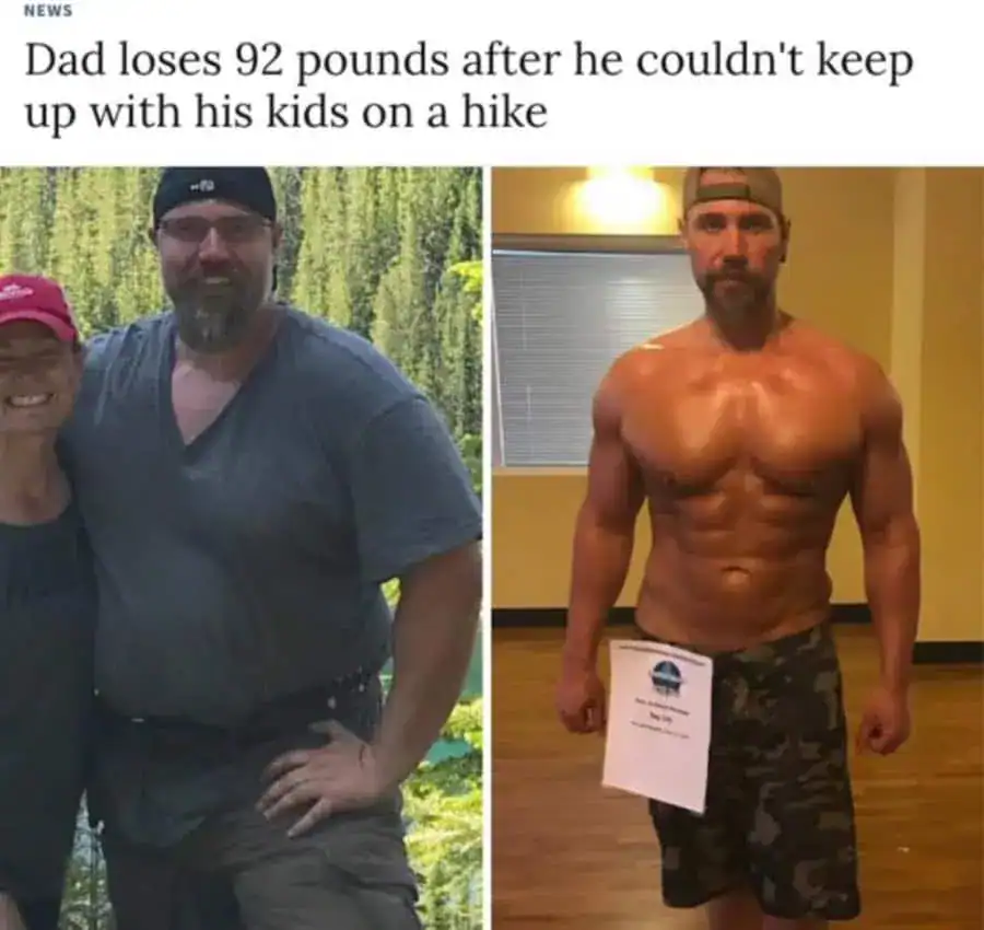 Before and after photo of dad's 92-pound weight loss journey, showing significant muscle gain and fi.