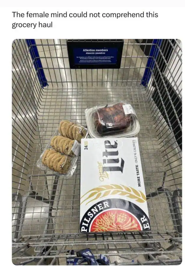 Shopping cart with beer, cookies, and meat for grocery haul.
